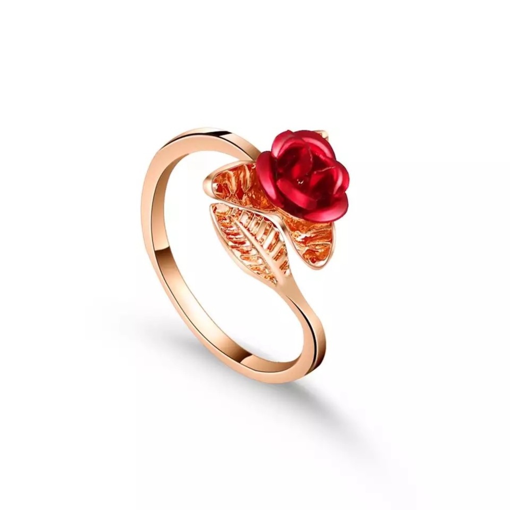 Rose Gold Plated Red Rose Adjustable Ring Leaf